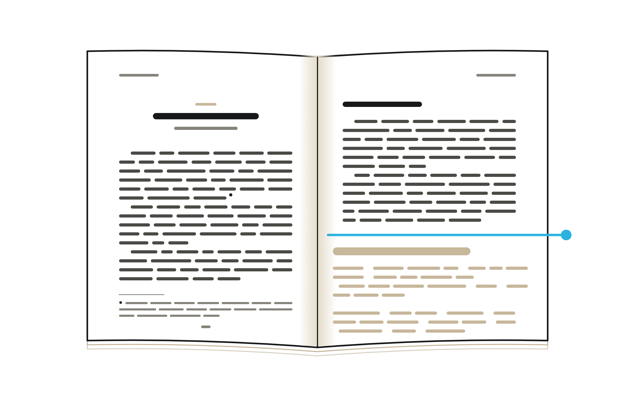 An open book showing a double page. The left page is typeset, with a chapter title, justified text and footnotes. A blue line crosses the right page: above it the text is already typeset, below it is still a raw Word file with uneven margins and untidy lines.